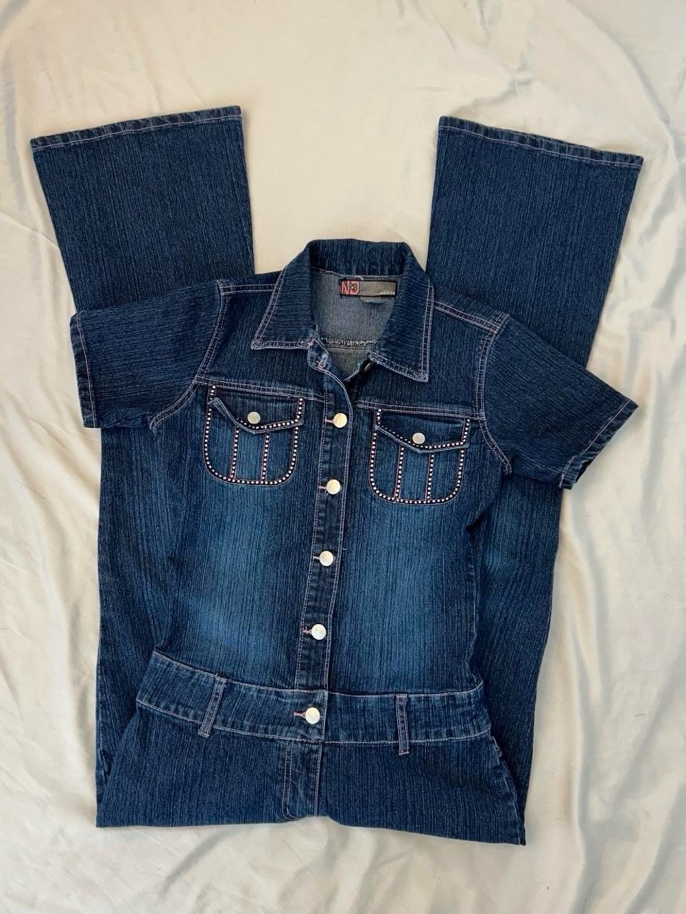 90s Y2K Dark Wash Denim Short Sleeve Flared Leg Button Down Jumpsuit by NJ Neeso
